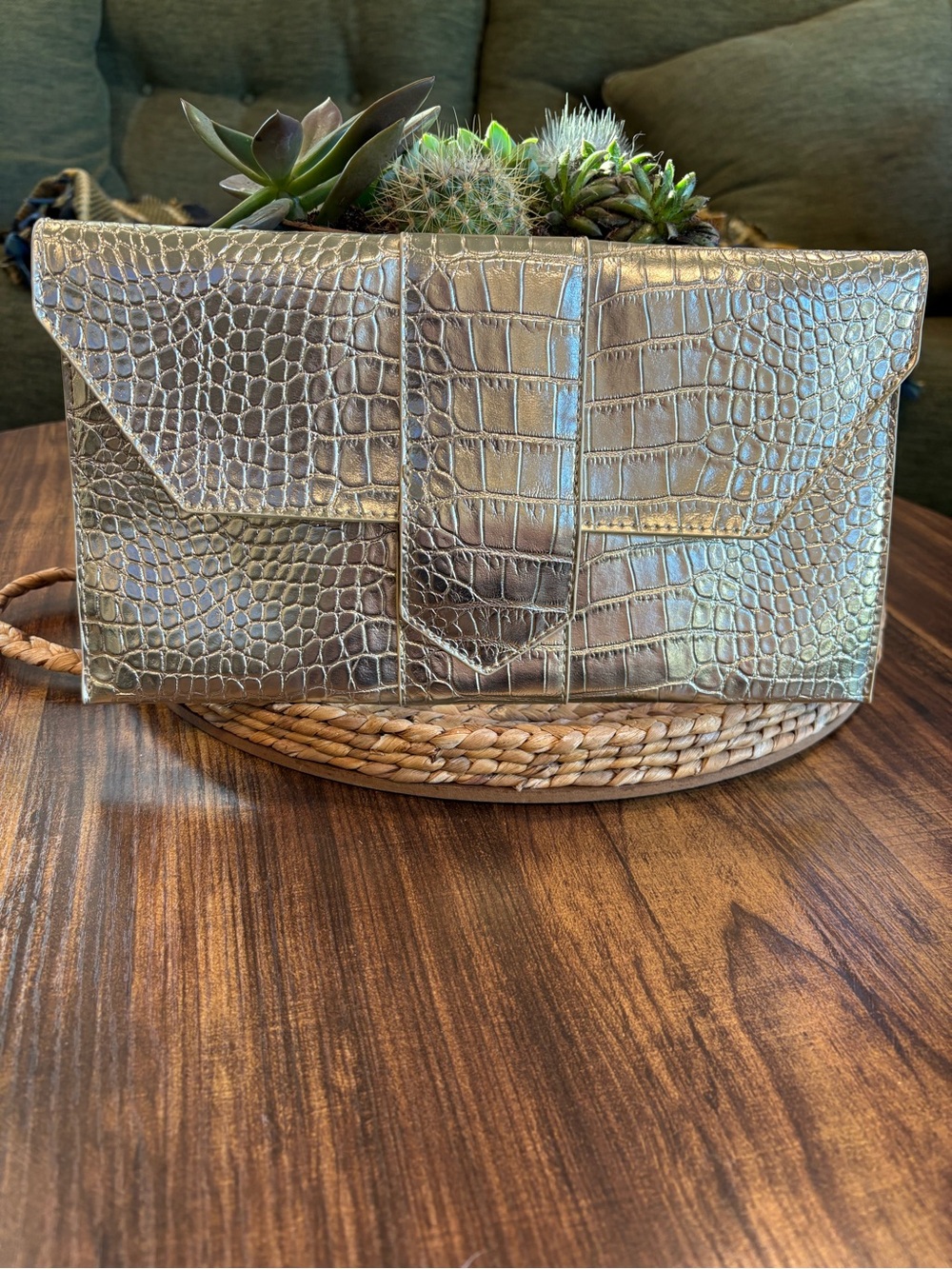 JJ Winters Metallic Croc-Embossed Envelope Clutch - Gold